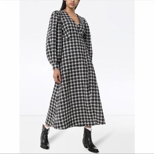 GANNI Checked cotton-blend seersucker midi wrap dress - black and white